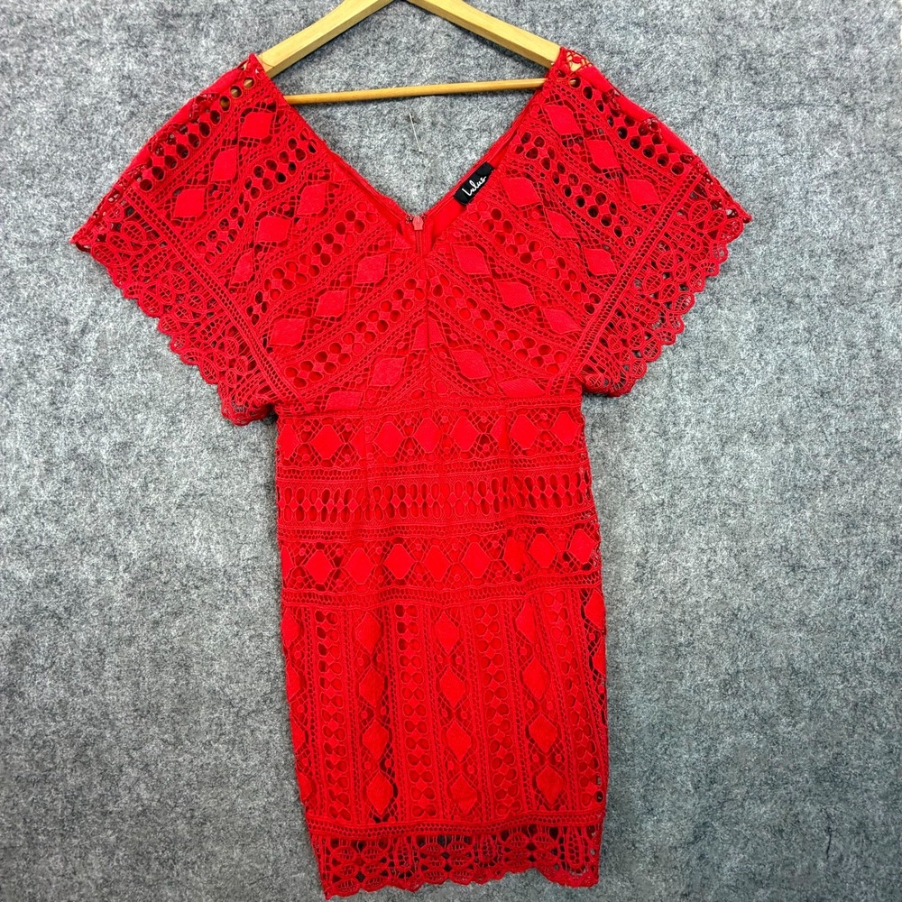 Lulus First Kiss Mini Dress Womens L Red Geometric Crochet Flowy Dopamine Boho